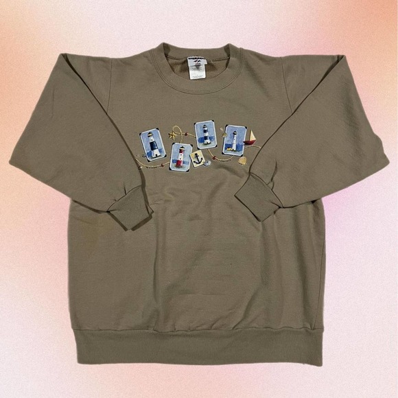 Large Khaki/Tan Light House Nautical Print Graphic Sweat Shirt - Picture 1 of 7